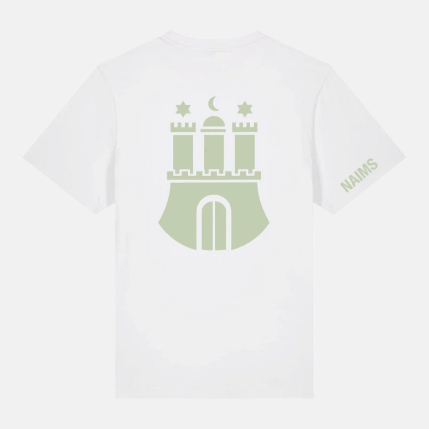 Hamburg Tee - White premium cotton streetwear t-shirt by NAIMS, featuring a subtle olive-green Hamburg city emblem print on the back