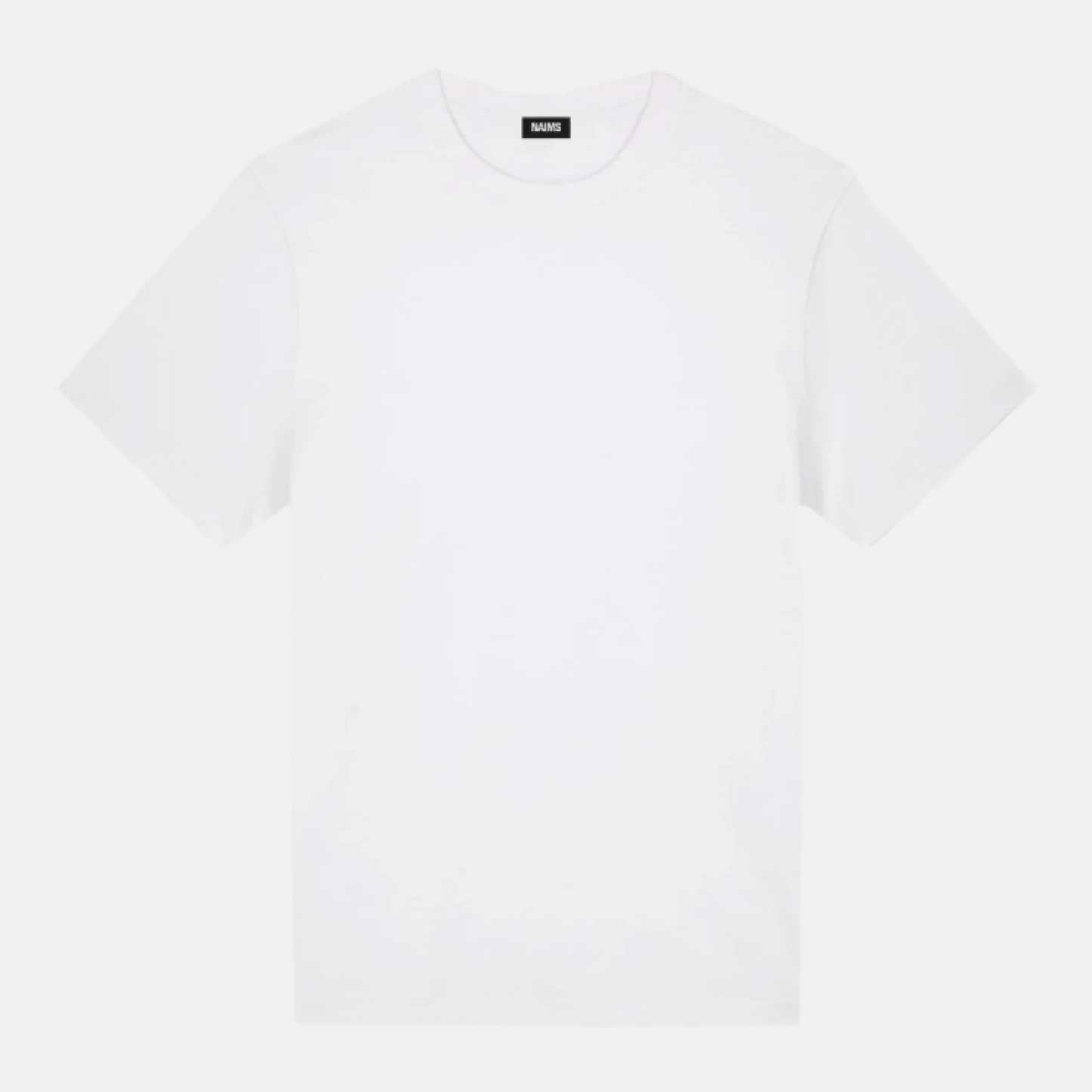 Back view of the Hamburg Tee - White NAIMS streetwear t-shirt with an olive-green NAIMS emblem print on the arm