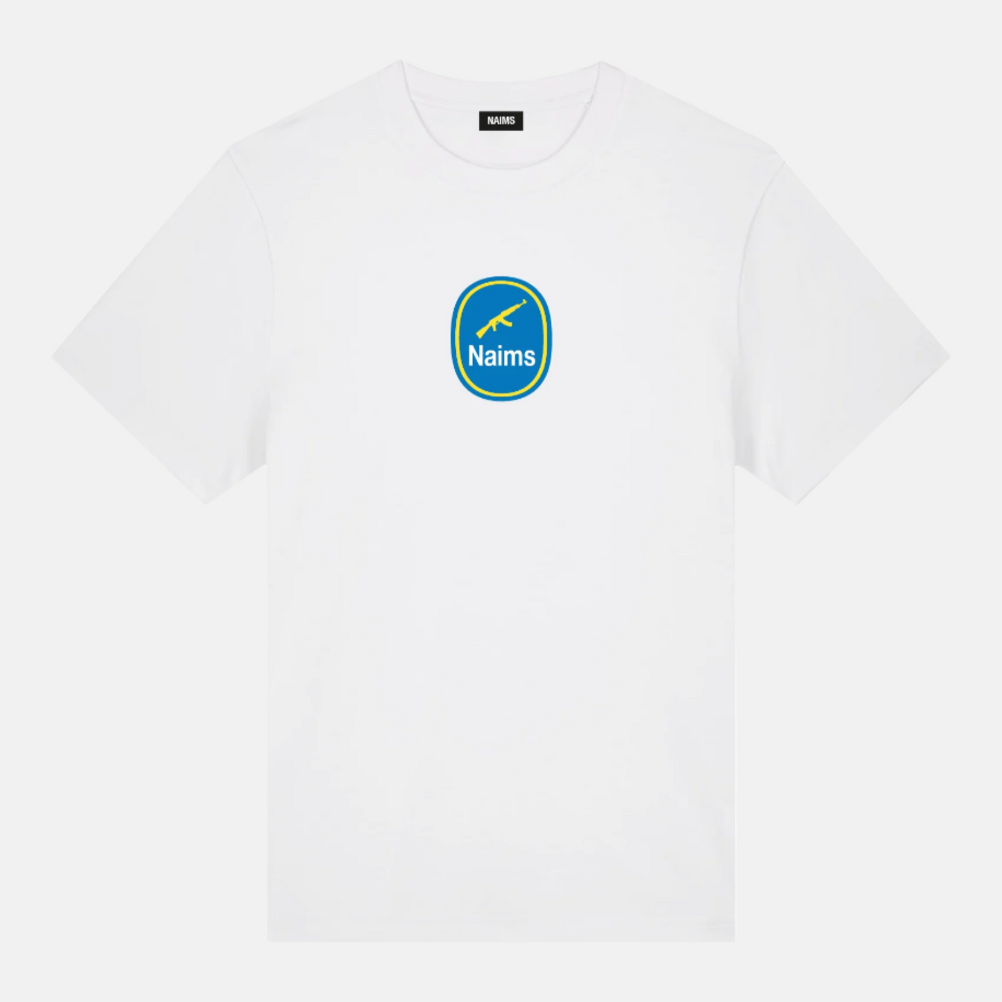 Don't Trip Tee - White premium cotton streetwear t-shirt by NAIMS, featuring a green and blue circular front logo print and resistance Banana symbol