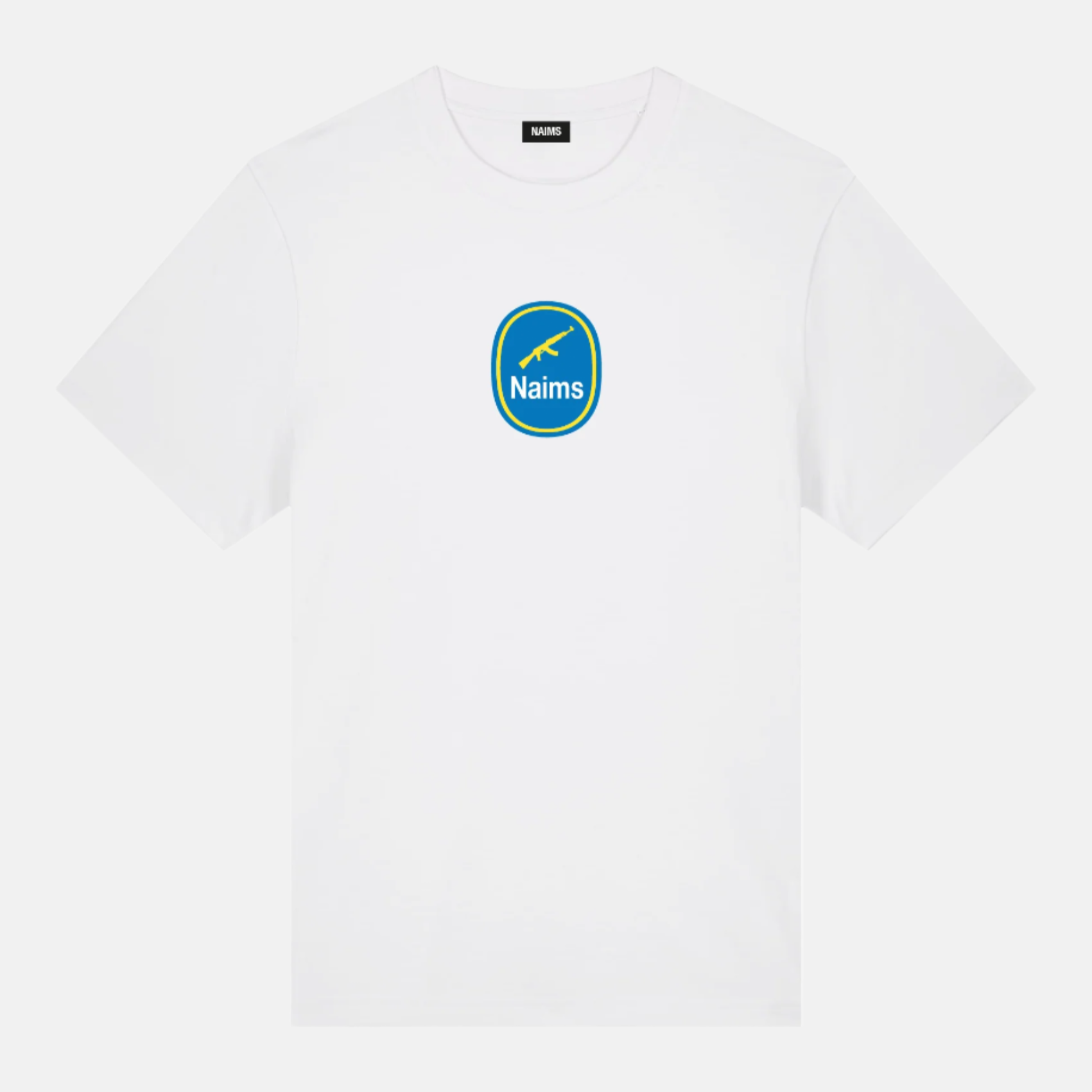 Don't Trip Tee - White premium cotton streetwear t-shirt by NAIMS, featuring a green and blue circular front logo print and resistance Banana symbol