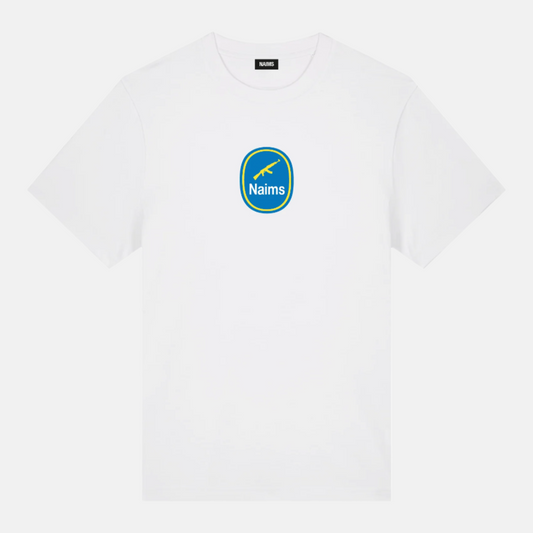 Don't Trip Tee - White premium cotton streetwear t-shirt by NAIMS, featuring a green and blue circular front logo print and resistance Banana symbol
