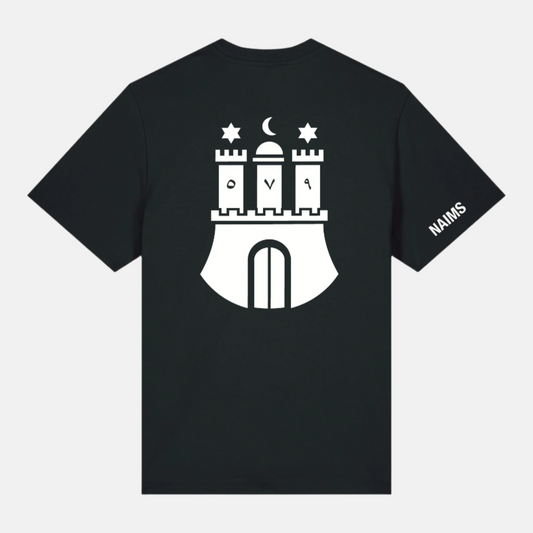 Hamburg 579 Tee - Black premium cotton streetwear t-shirt by NAIMS, featuring a bold white Hamburg city emblem print on the back with numbers