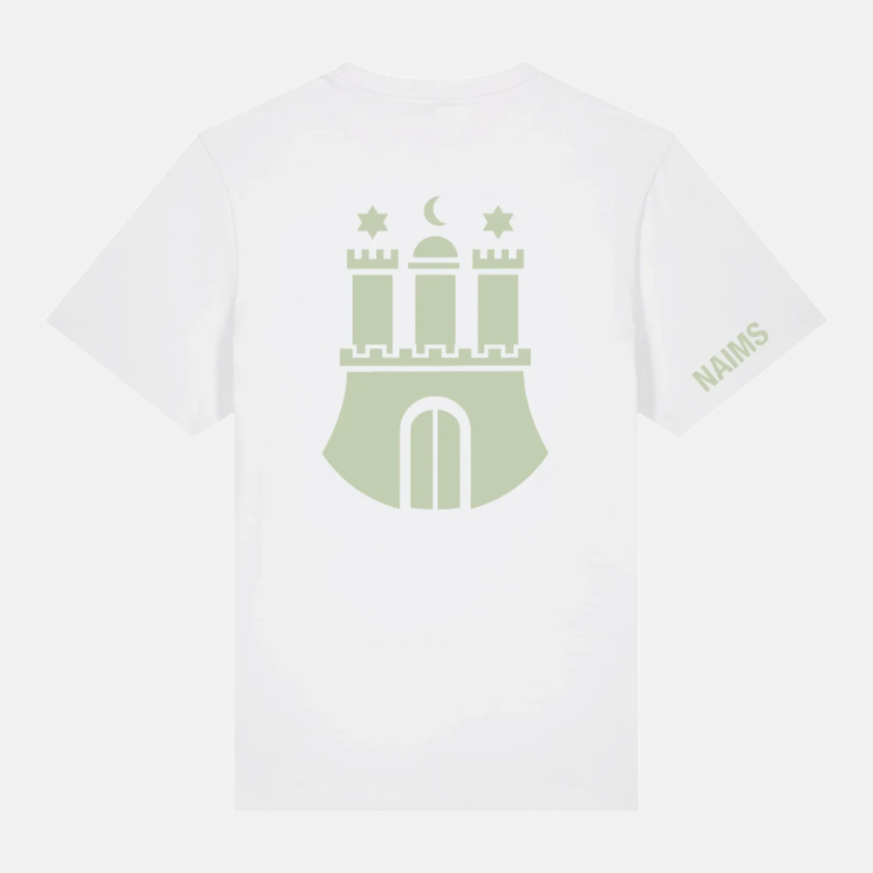 Hamburg Tee - White premium cotton streetwear t-shirt by NAIMS, featuring a subtle olive-green Hamburg city emblem print on the back