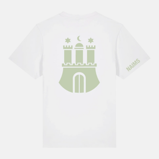 Hamburg Tee - White premium cotton streetwear t-shirt by NAIMS, featuring a subtle olive-green Hamburg city emblem print on the back