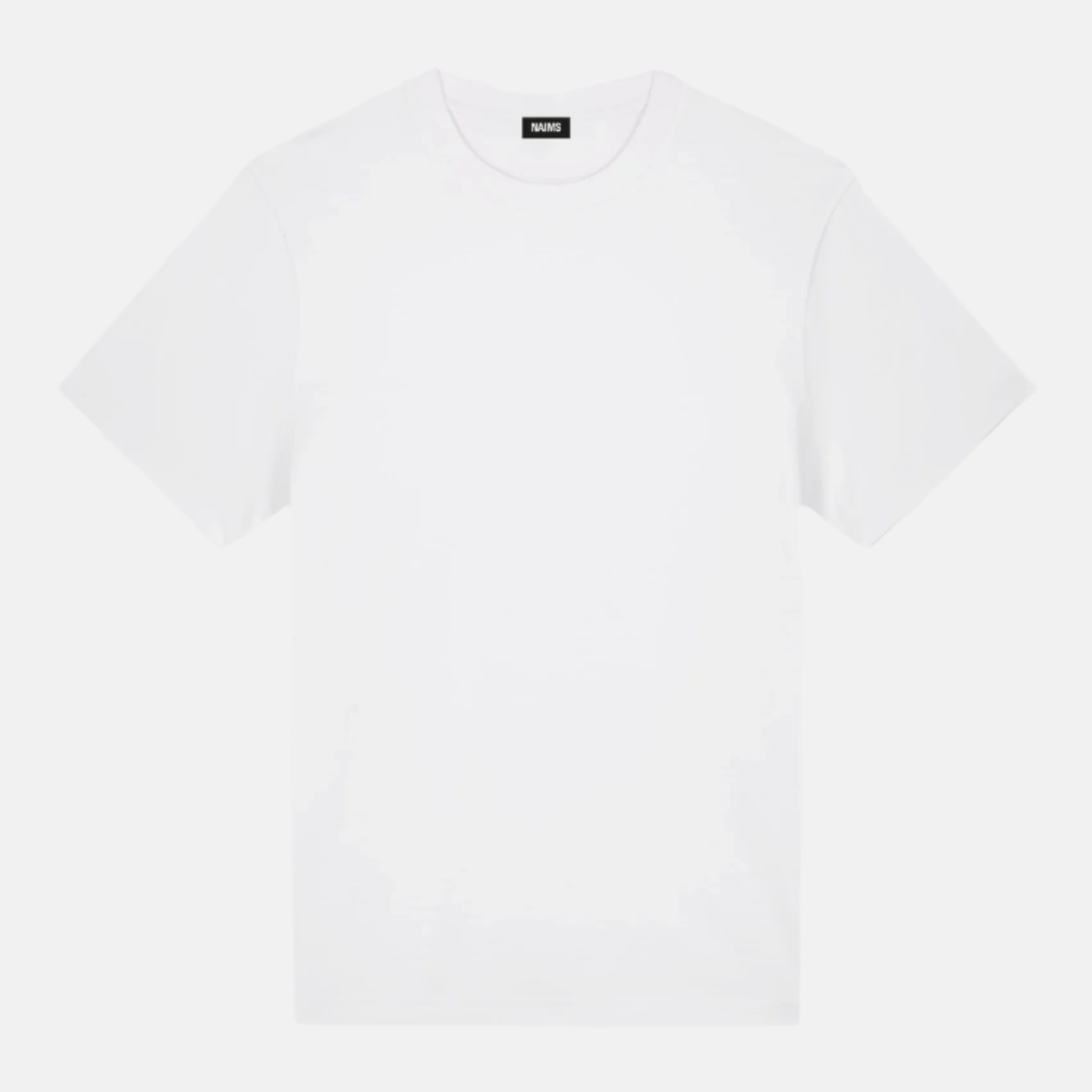Back view of the Hamburg Tee - White NAIMS streetwear t-shirt with an olive-green NAIMS emblem print on the arm
