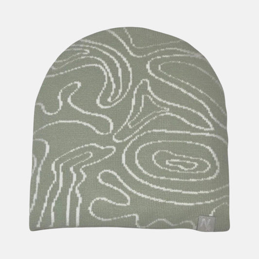 Mint green NAIMS beanie with abstract embroidered geographical map pattern – soft knit streetwear accessory for a stylish urban look arcteryx