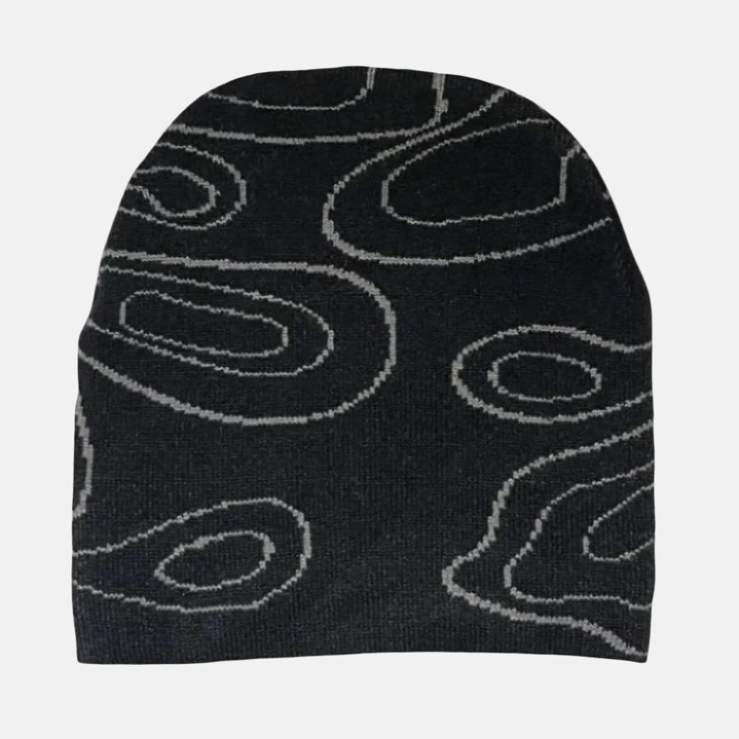 back side of Black NAIMS beanie with abstract embroidered geographical map pattern – soft knit material for a stylish streetwear fit look arcteryx