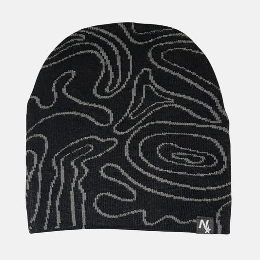 Black NAIMS beanie with abstract embroidered geographical map pattern – premium knit streetwear accessory for a bold urban look arcteryx